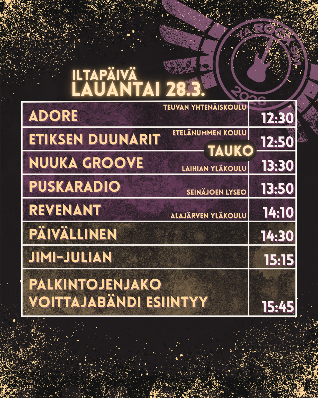 Lauantain iltapäivän aikataulu